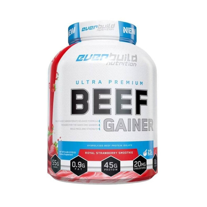 Black Friday - Reduceri 100% Beef Gainer Ultra Premium pudra, 2.6kg, Everbuild Nutrition, Supliment crestere masa musculara Royal Strawberry Smoothie Promotie 2