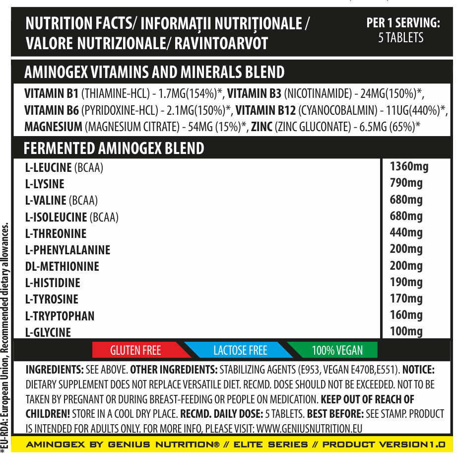 Aminoacizi | AMINOGEX 300 tablete, Genius Nutrition, Aminoacizi din sursa fermentata 1