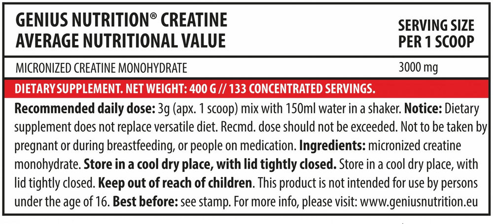 Creatina | Creatine Monohydrate, pudra, 400g, Genius Nutrition, Supliment alimentar 1