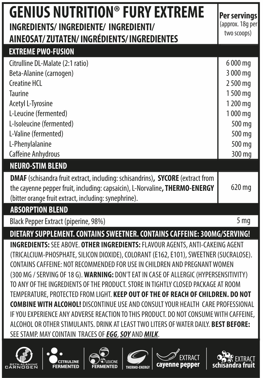 Pre-workout | FURY EXTREME, pudra, 400g, Genius Nutrition, Pre-workout cu cofeina 1