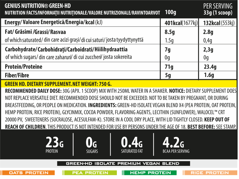 Proteine | Vegan Protein Green-HD, 750g, pudra, Genius Nutrition, Proteina vegetala 1