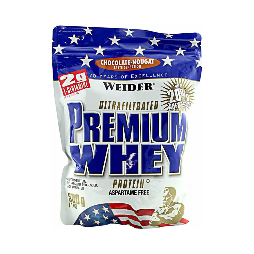 Black Friday - Reduceri Premium Whey 500g, pudra, Weider, Concentrat si izolat proteic din zer Chocolate Nougat Promotie 1